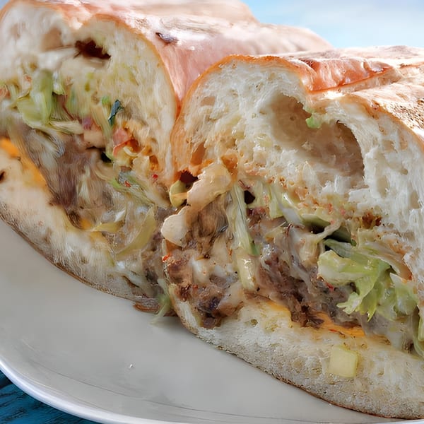 A close-up of a Mexican torta sandwich, cut in half, revealing meat, lettuce, and sauce.